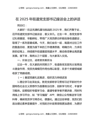 在2025年街道党支部书记座谈会上的讲话