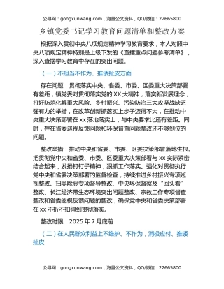乡镇党委书记八项规定精神学习教育问题清单和整改方案