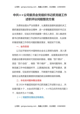 xx公司党组织书记抓党建工作述职评议问题整改方案