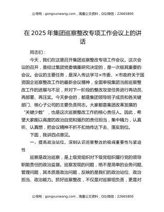在2025年集团巡察整改专项工作会议上的讲话