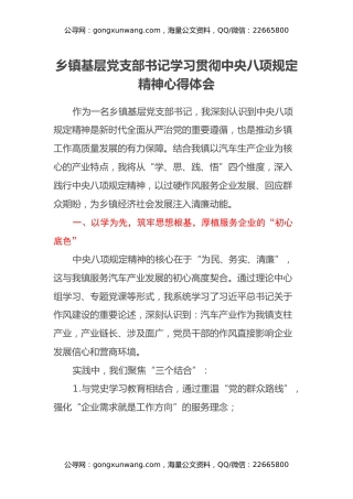 乡镇基层党支部书记学习贯彻中央八项规定精神心得体会