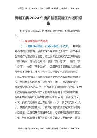 两新工委2024年度抓基层党建工作述职报告