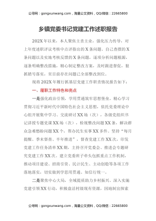 乡镇党委书记党建工作述职报告