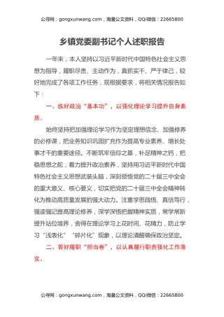 乡镇党委副书记个人述职报告