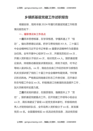 乡镇抓基层党建工作述职报告