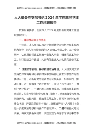 人大机关党支部书记2024年度抓基层党建工作述职报告