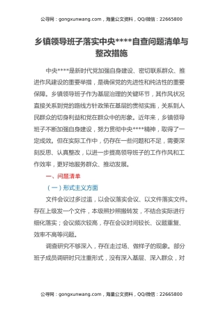 乡镇领导班子落实中央八项规定自查问题清单与整改措施