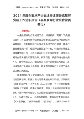 县互联网行业联合党委书记2024年度全面从严治党述责述廉暨抓基层党建工作述职报告
