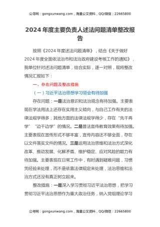 年度主要负责人述法问题清单整改报告