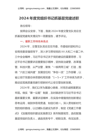 年度党组织书记抓基层党建述职