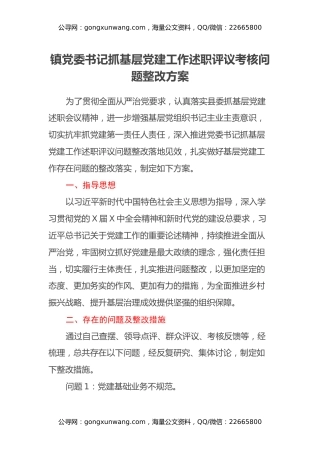 镇党委书记抓基层党建工作述职评议考核问题整改方案