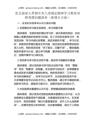 党支部深入贯彻中央八项规定精神学习教育对照查摆问题清单（新增5方面）