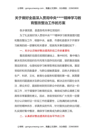 关于做好全县深入贯彻中央八项规定精神学习教育整改整治工作的方案