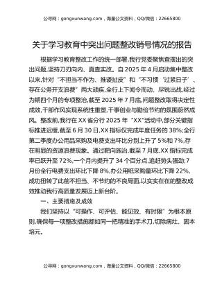 关于八项规定精神学习教育中突出问题整改销号情况的报告