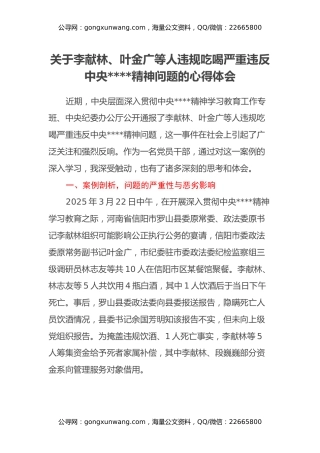 关于李献林、叶金广等人违规吃喝严重违反中央八项规定精神问题的心得体会