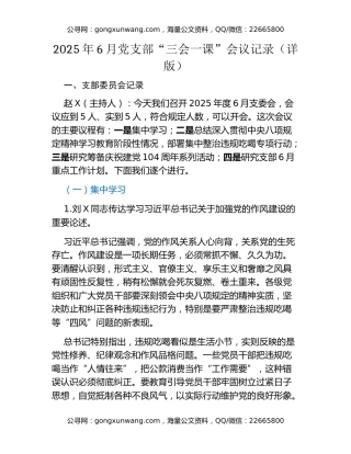 2025年6月党支部“三会一课”会议记录（详版）