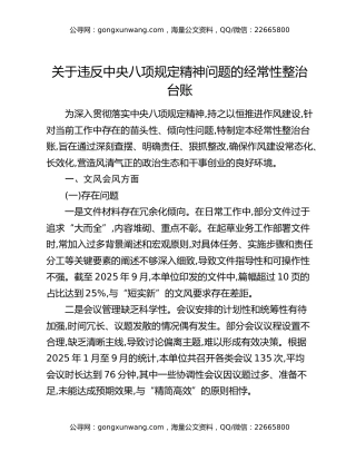 关于违反中央八项规定精神问题的经常性整治台账