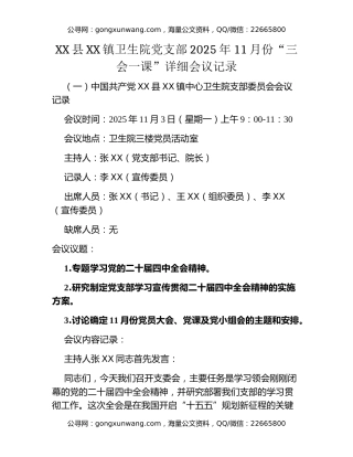 XX县XX镇卫生院党支部2025年11月份“三会一课”详细会议记录
