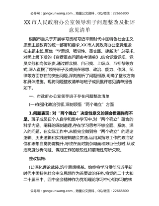 XX市人民政府办公室领导班子问题整改及批评意见清单