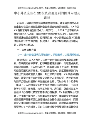 中小外资企业在XX投资注册遇到的困难问题及建议