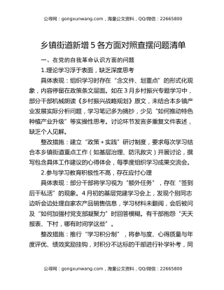 乡镇街道新增5各方面对照查摆问题清单（五个方面。5个方面）