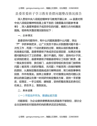 县委常委班子八项规定精神学习教育查摆问题整改情况报告
