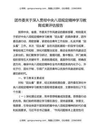 团市委关于深入贯彻中央八项规定精神学习教育成果评估报告