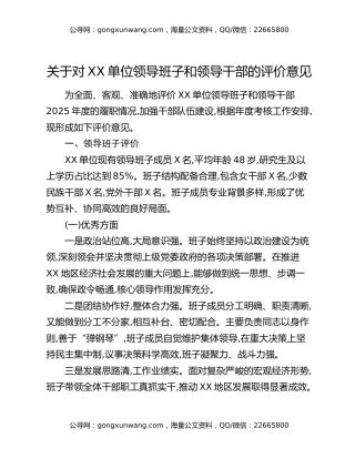 关于对XX单位领导班子和领导干部的评价意见