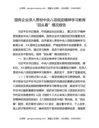 国有企业深入贯彻中央八项规定精神学习教育“回头看”情况报告