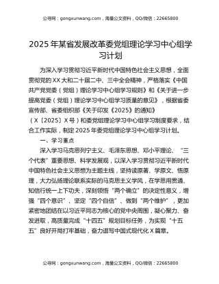 2025年某省发展改革委党组理论学习中心组学习计划