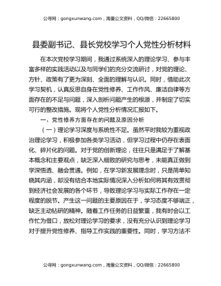 县委副书记、县长党校学习个人党性分析材料