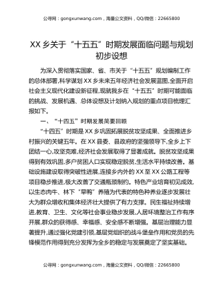 XX乡关于“十五五”时期发展面临问题与规划初步设想