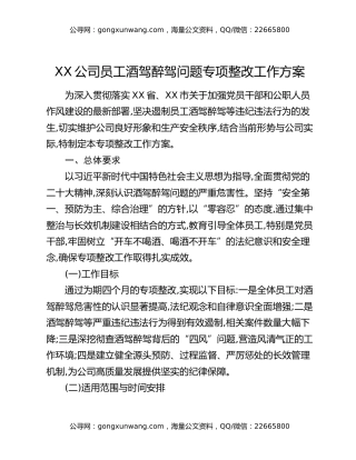 XX公司员工酒驾醉驾问题专项整改工作方案