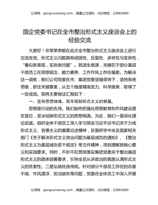 国企党委书记在全市整治形式主义座谈会上的经验交流