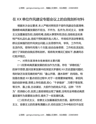 在XX单位作风建设专题会议上的自我剖析材料