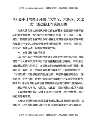 XX县审计局关于开展“大学习、大练兵、大比武”活动的工作实施方案