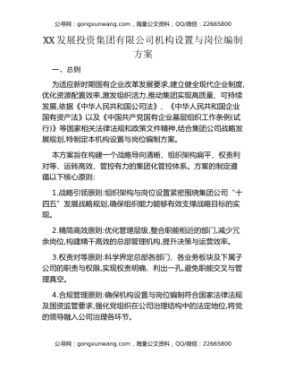XX发展投资集团有限公司机构设置与岗位编制方案