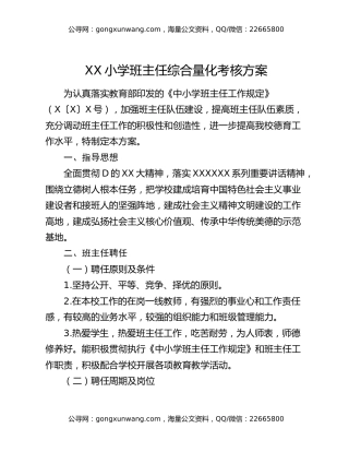 XX小学班主任综合量化考核方案