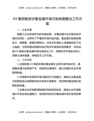 XX集团推进涉重金属环境污染排查整治工作方案