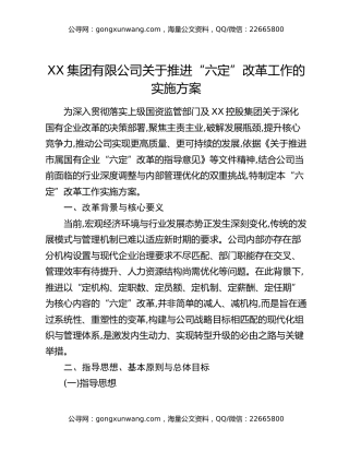 XX集团有限公司关于推进“六定”改革工作的实施方案