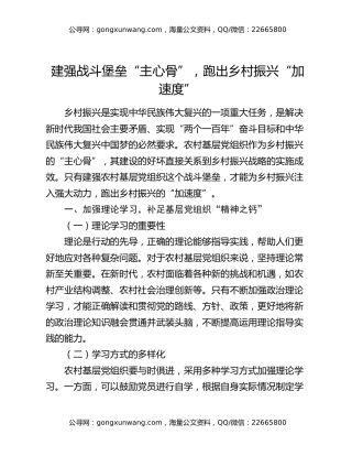 建强战斗堡垒“主心骨”，跑出乡村振兴“加速度”