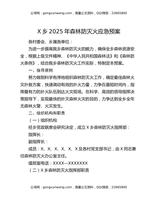 X乡2025年森林防灭火应急预案