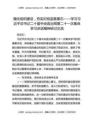 强化组织建设，夯实纪检监察基石——学习习近平总书记二十届中央政治局第二十一次集体学习讲话精神研讨交流