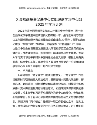 X县招商投资促进中心党组理论学习中心组2025年学习计划