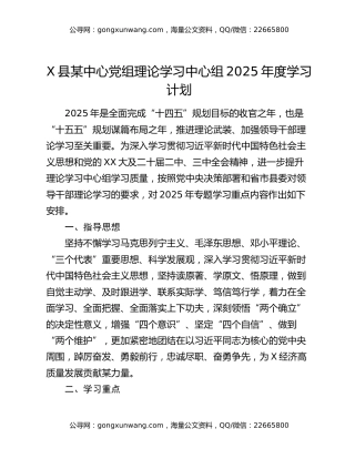 X县某中心党组理论学习中心组2025年度学习计划