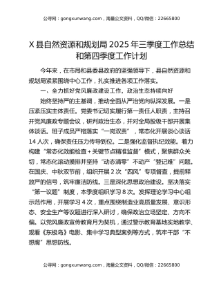 X县自然资源和规划局2025年三季度工作总结和第四季度工作计划