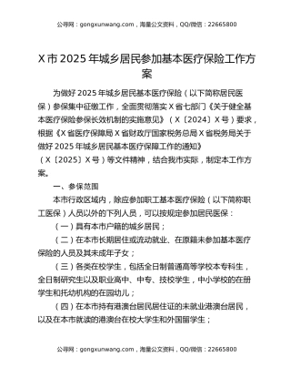 X市2025年城乡居民参加基本医疗保险工作方案