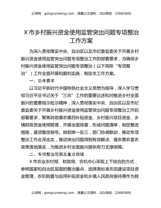 X市乡村振兴资金使用监管突出问题专项整治工作方案