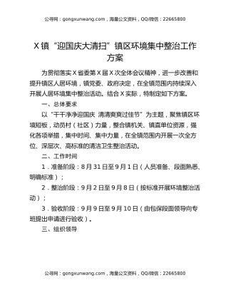 X镇“迎国庆大清扫”镇区环境集中整治工作方案