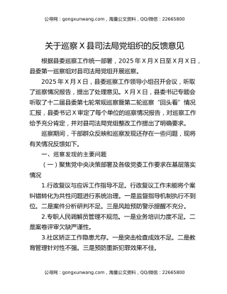 关于巡察X县司法局党组织的反馈意见